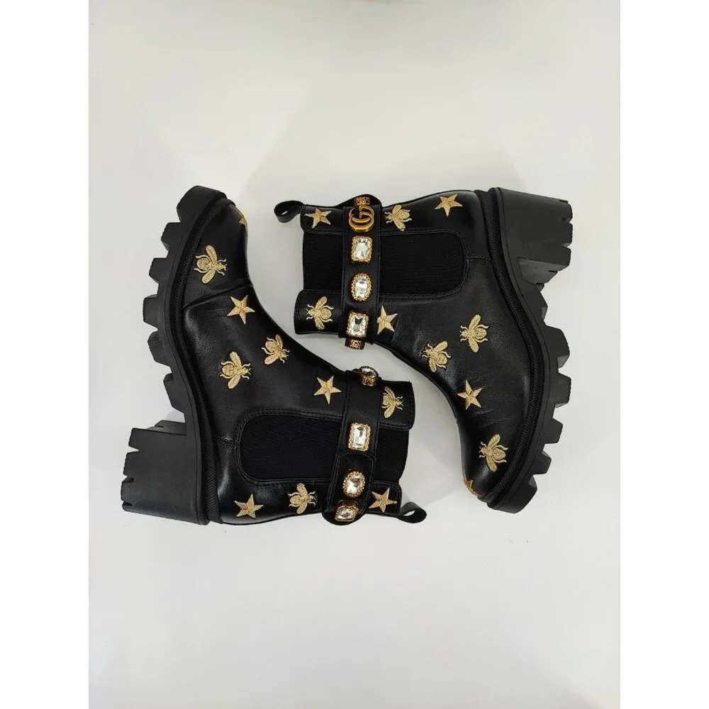 Gucci Bee & Star Embroidered Women's Size 7.5 US Leather Black Ankle Boots - Picture 5 of 9